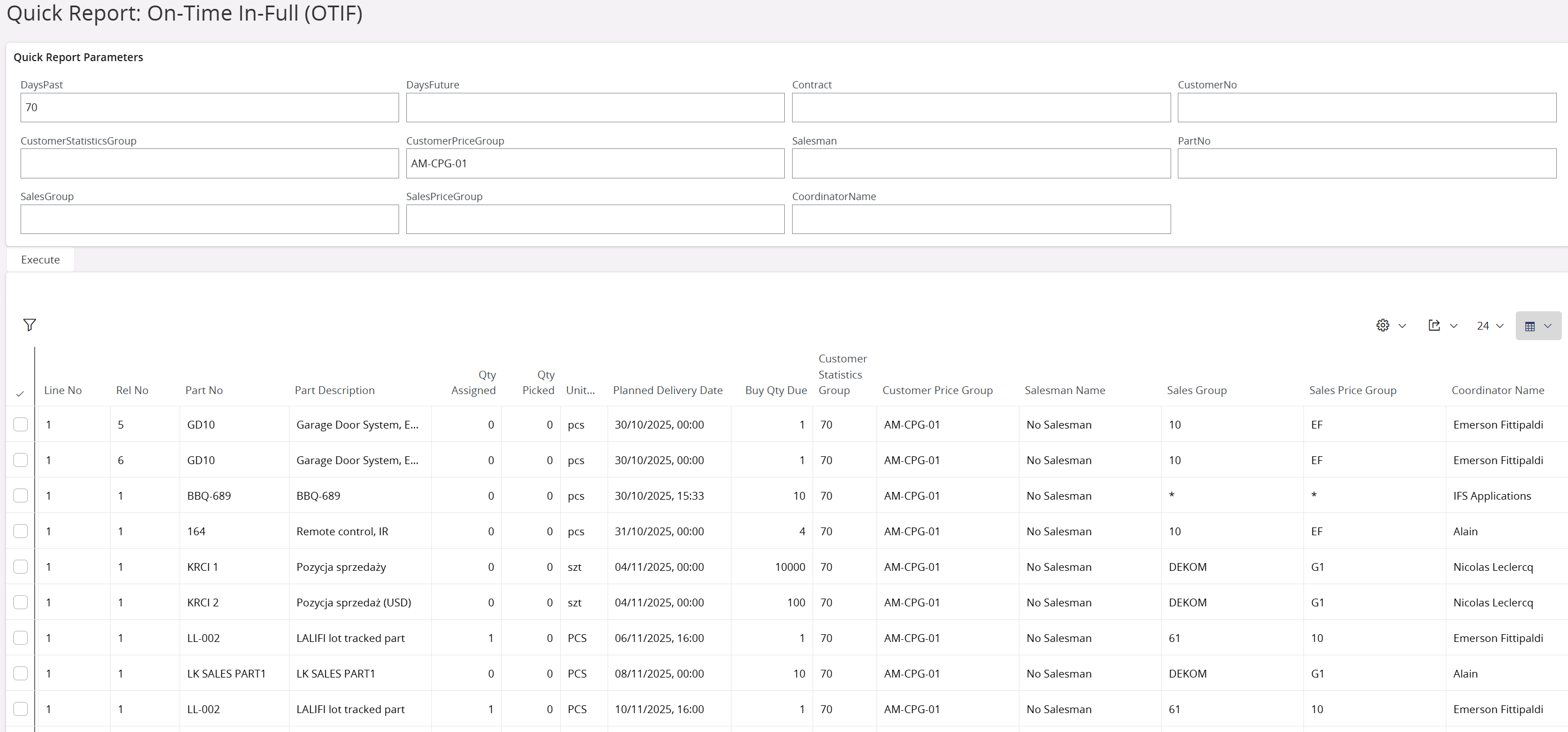 OTIF report - screenshot with filters