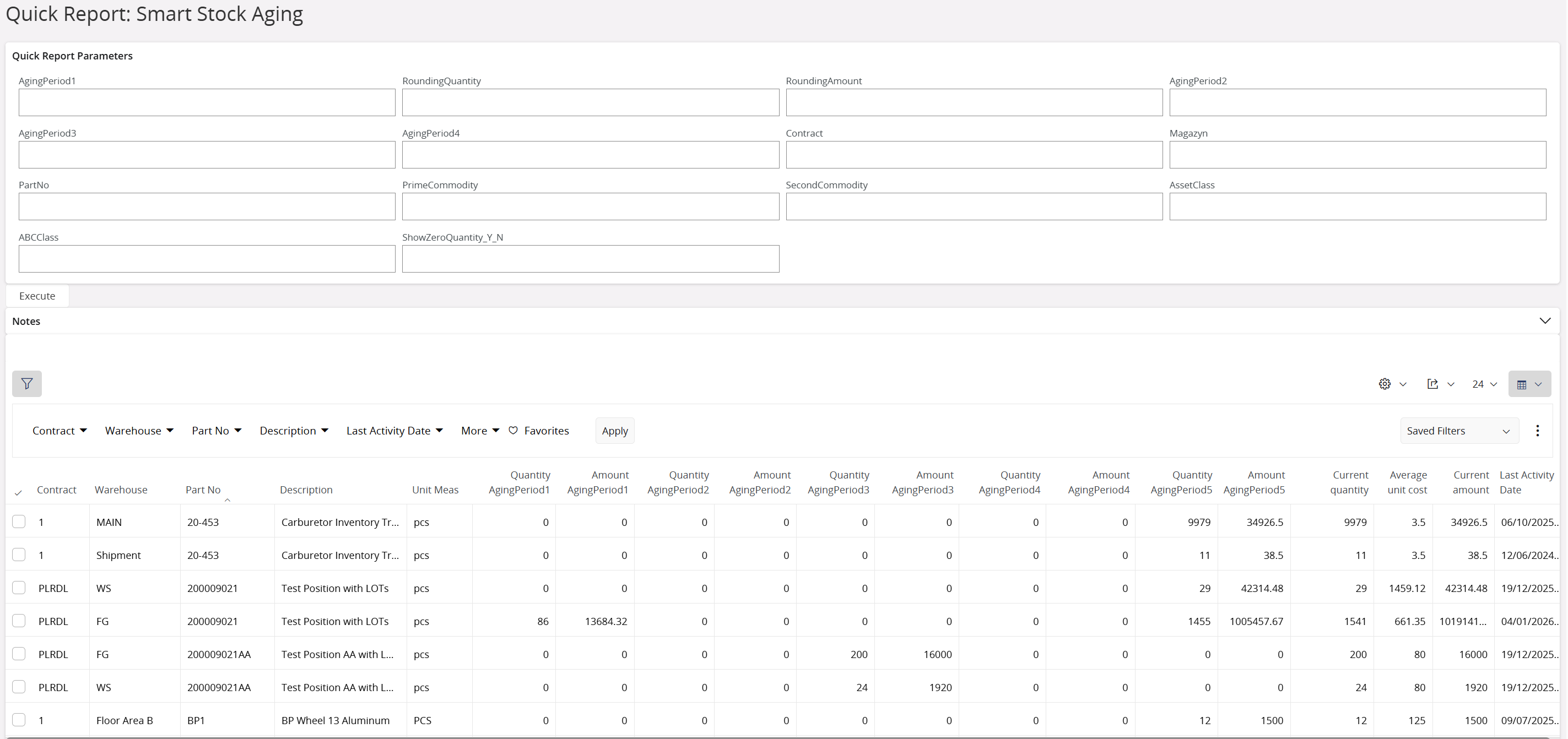 The view of Smart Stock Aging report in the IFS Cloud