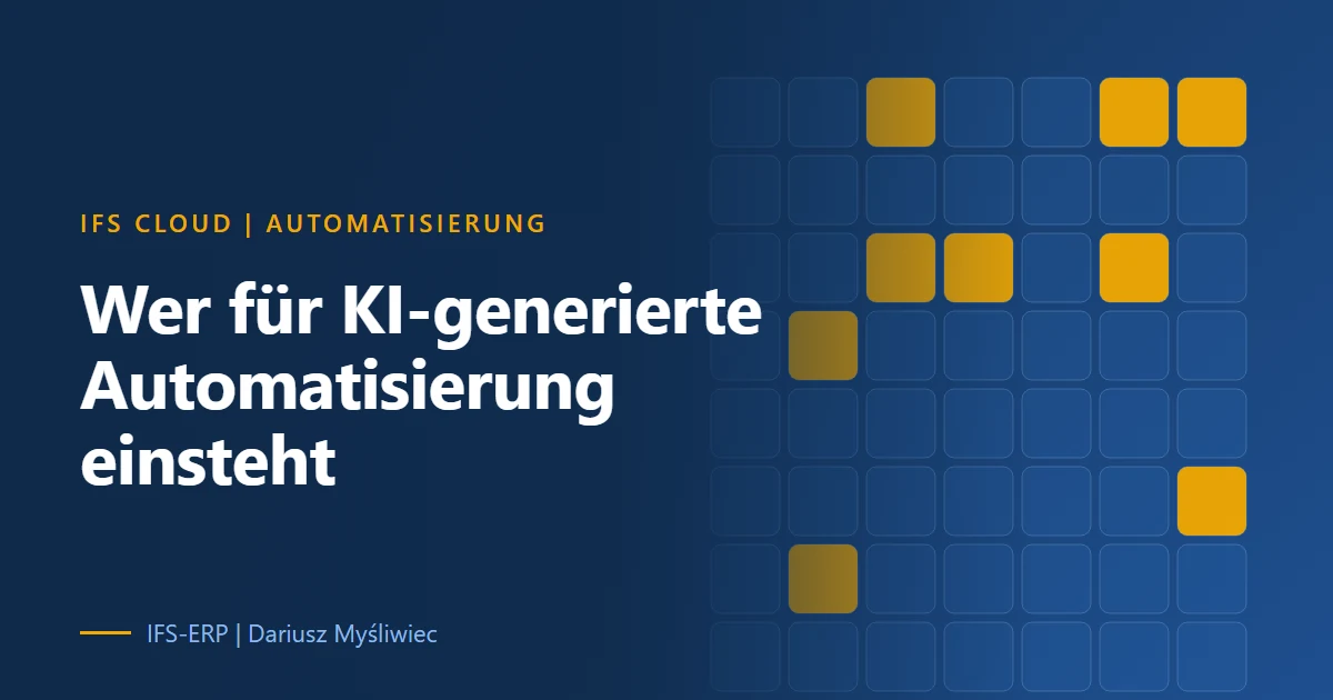 Abstrakte Illustration auf dunkelblauem Grund zum Thema Verantwortung für KI-generierte Automatisierung in IFS Cloud