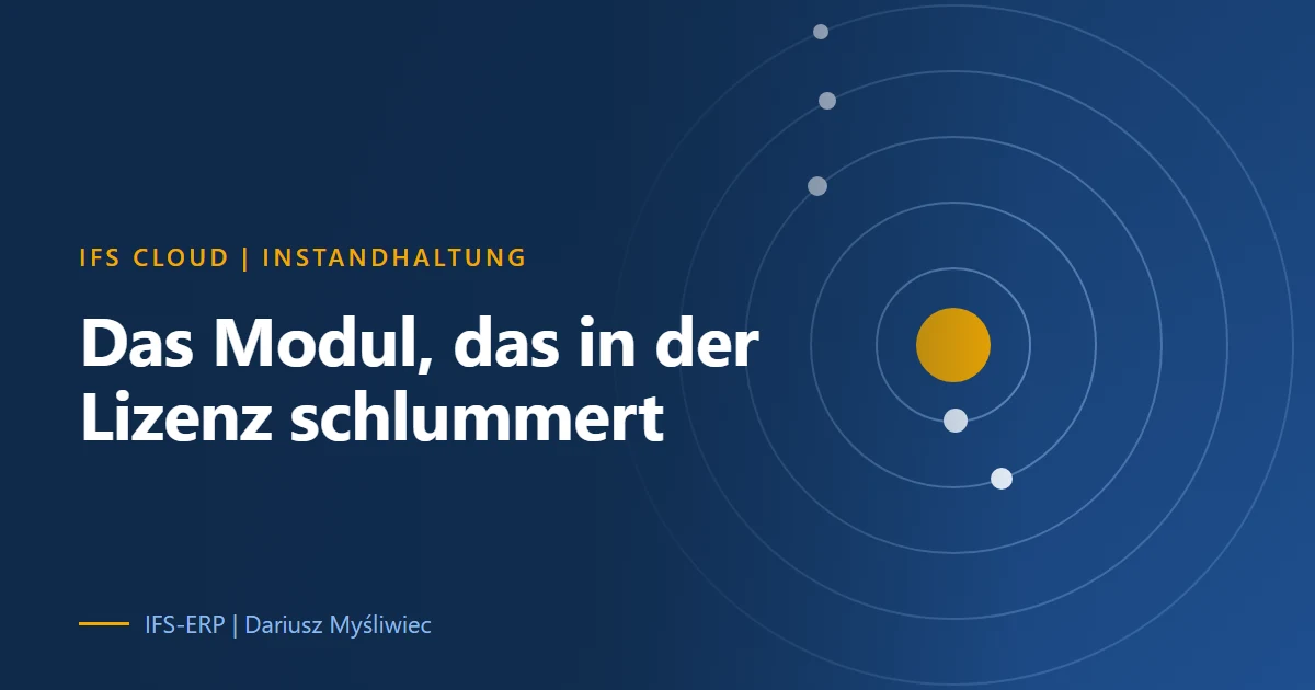 Abstrakte Illustration auf dunkelblauem Grund mit dem Titel: Instandhaltung und Anlagenverwaltung in IFS Cloud