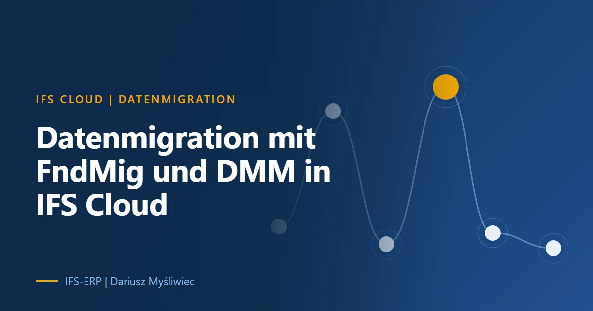 Abstrakte Grafik auf dunkelblauem Grund mit dem Artikeltitel: Datenmigration mit FndMig und DMM in IFS Cloud