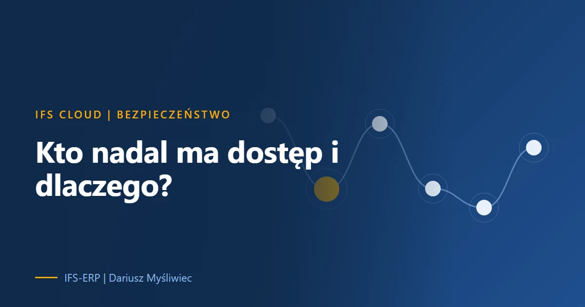 Abstrakcyjna grafika z węzłami i siatką na granatowym tle z tytułem artykułu o przeglądzie uprawnień w IFS Cloud