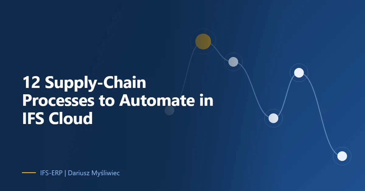 Abstract illustration on a navy background with the article title: “12 Supply-Chain Processes to Automate in IFS Cloud”