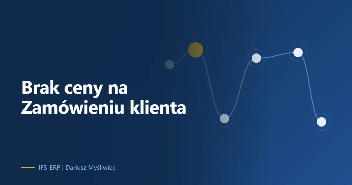 Abstrakcyjna ilustracja na granatowym tle z tytułem artykułu: „Brak ceny na Zamówieniu klienta”