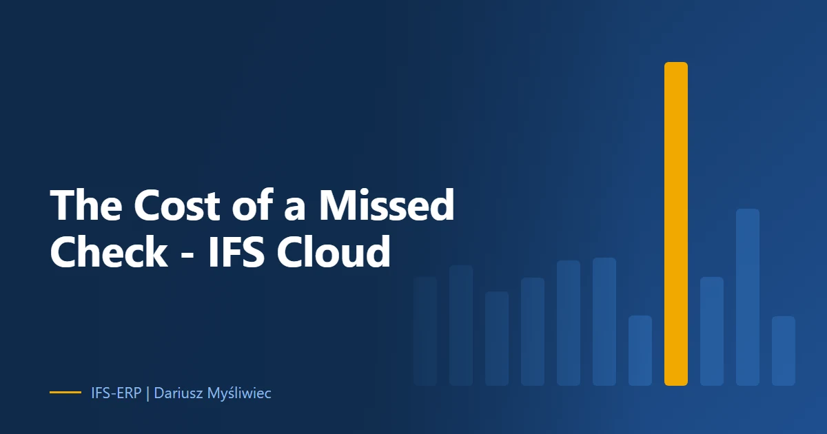 Abstract illustration on a navy background with the article title: “The Cost of a Missed Check - IFS Cloud”