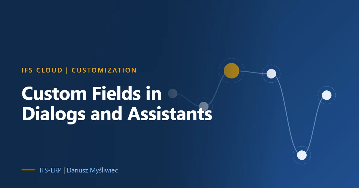 Abstract illustration on a navy background with the article title: “IFS Cloud Custom Fields in Dialog and Assistant Views”