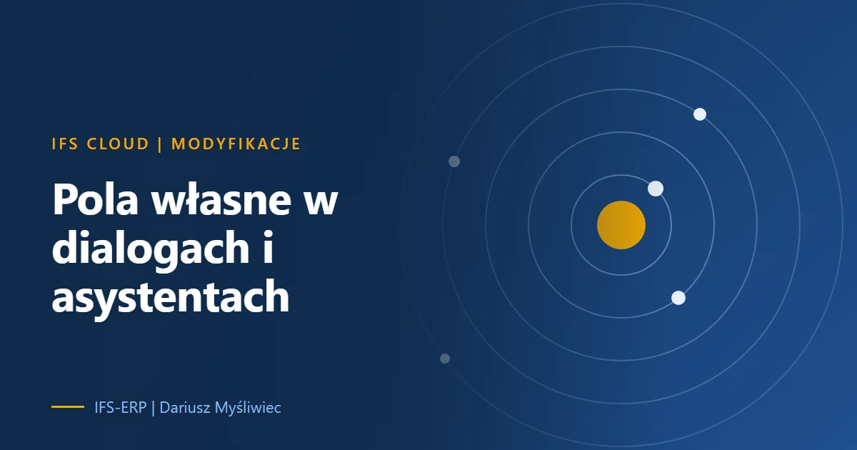 Abstrakcyjna ilustracja okładki na granatowym tle: pola formularza i okno dialogowe, symbol ograniczeń w IFS Cloud