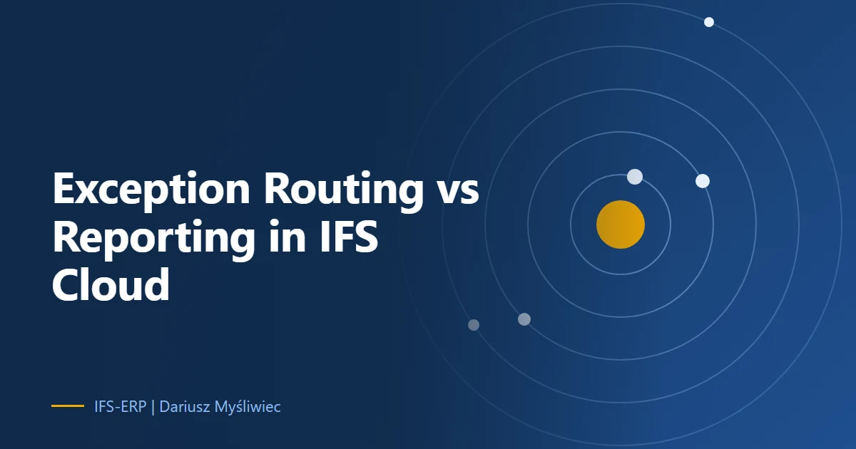 Abstract illustration on a navy background with the article title: “Exception Routing vs Reporting in IFS Cloud”