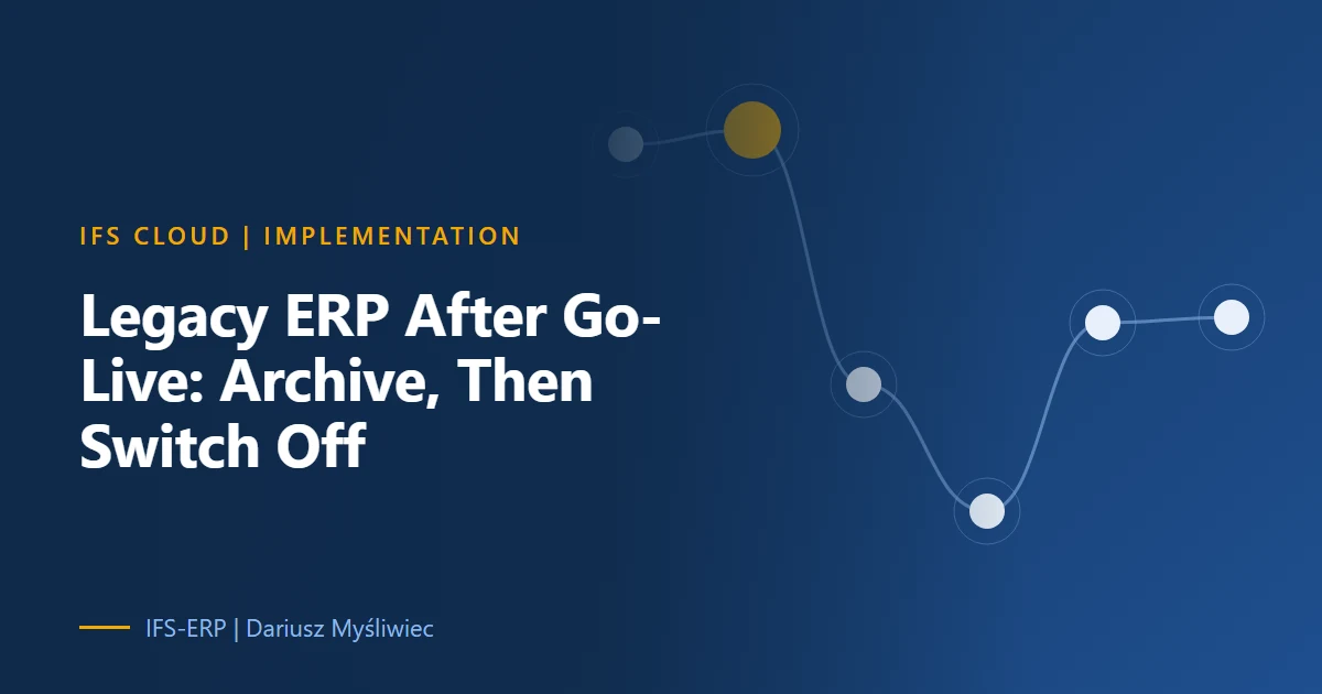 Abstract illustration on a navy background with the article title: “Legacy ERP After Go-Live: Archive, Then Switch Off”