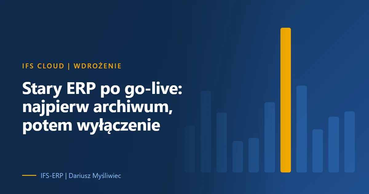 Ilustracja na granatowym tle z tytułem artykułu: „Stary ERP po go-live: najpierw archiwum, potem wyłączenie”