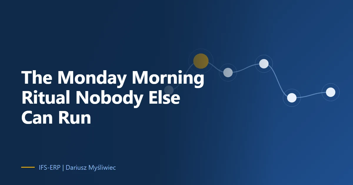 Abstract illustration on a navy background with the article title: “The Monday Morning Ritual Nobody Else Can Run”