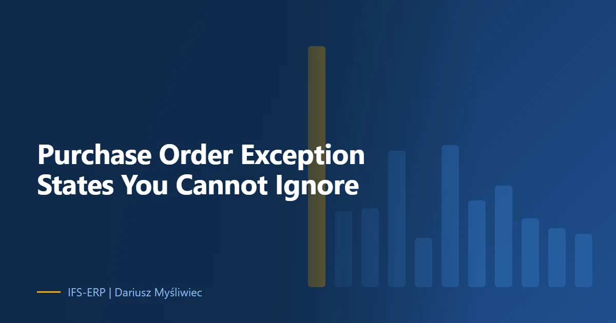 Abstract illustration on a navy background with the article title: “Purchase Order Exception States You Cannot Ignore”
