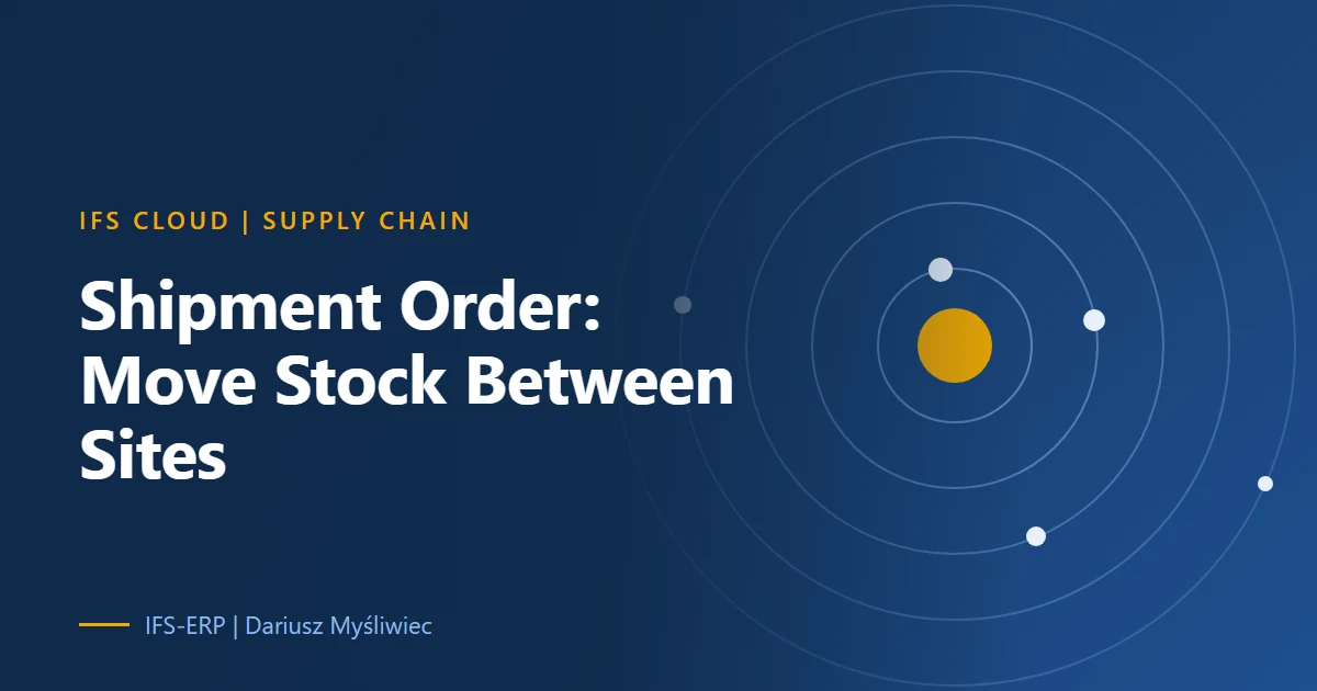 Abstract illustration on a navy background with the article title: “IFS Cloud Shipment Order: Move Stock Between Sites”