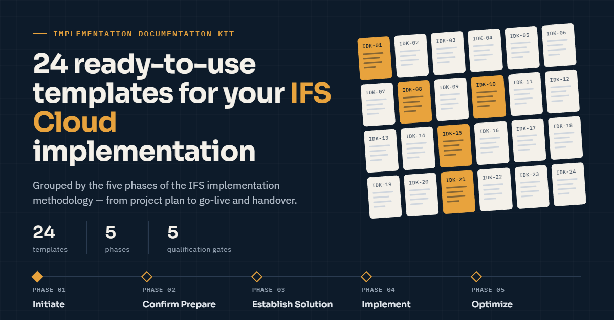 24 ready-to-use templates for an IFS Cloud implementation project, grouped by the five phases of the IFS implementation methodology. 